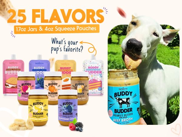 Dog enjoying a squeeze of peanut butter from Buddy Budder