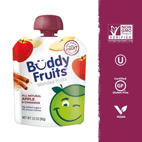 Buddy Fruits 3.2oz pouch, non-GMO and BPA-free packaging for families
