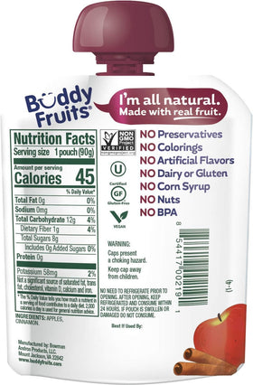 Buddy Fruits apple cinnamon pouch showing cinnamon flavor and no added sugar