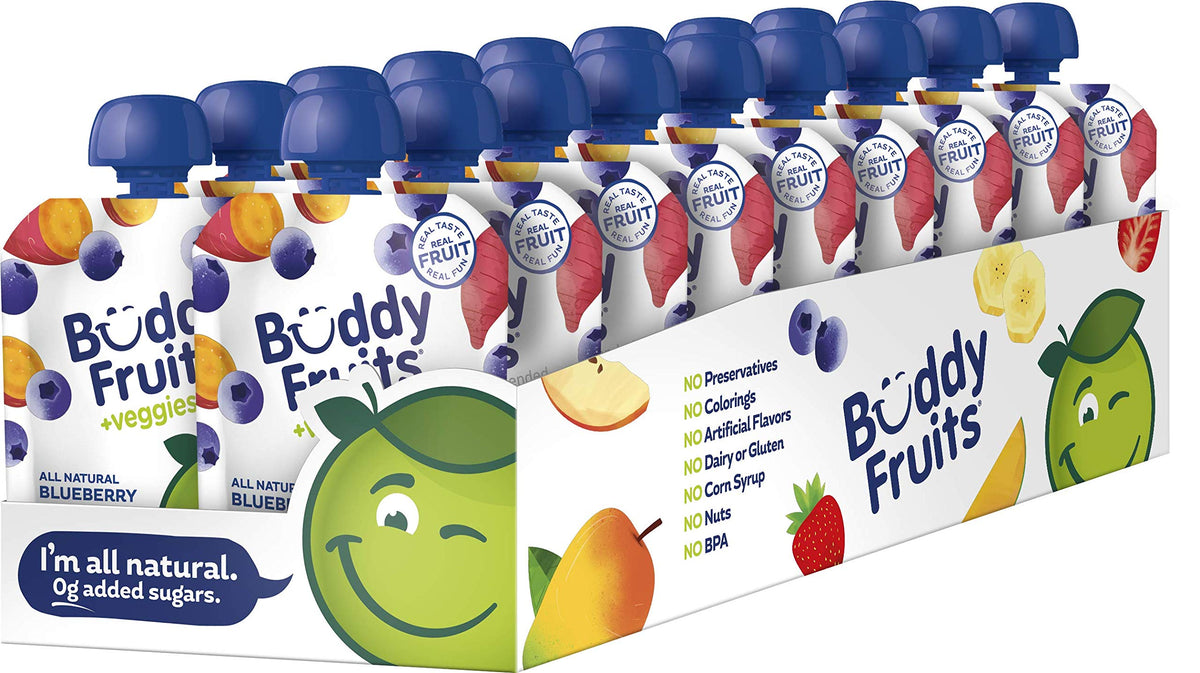 Buddy Fruits blueberry-sweet-potato applesauce pouch for on-the-go snacking