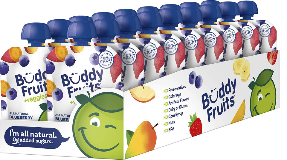 Buddy Fruits blueberry-sweet-potato applesauce pouch for on-the-go snacking