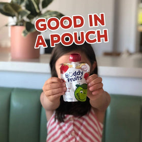 Buddy Fruits kids snack on the go in a convenient pouch.