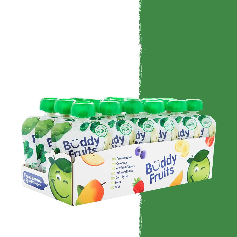 Buddy Fruits pear spinach pouch family-pack display ready for pantry stocking.