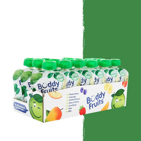 Buddy Fruits pear spinach pouch family-pack display ready for pantry stocking.