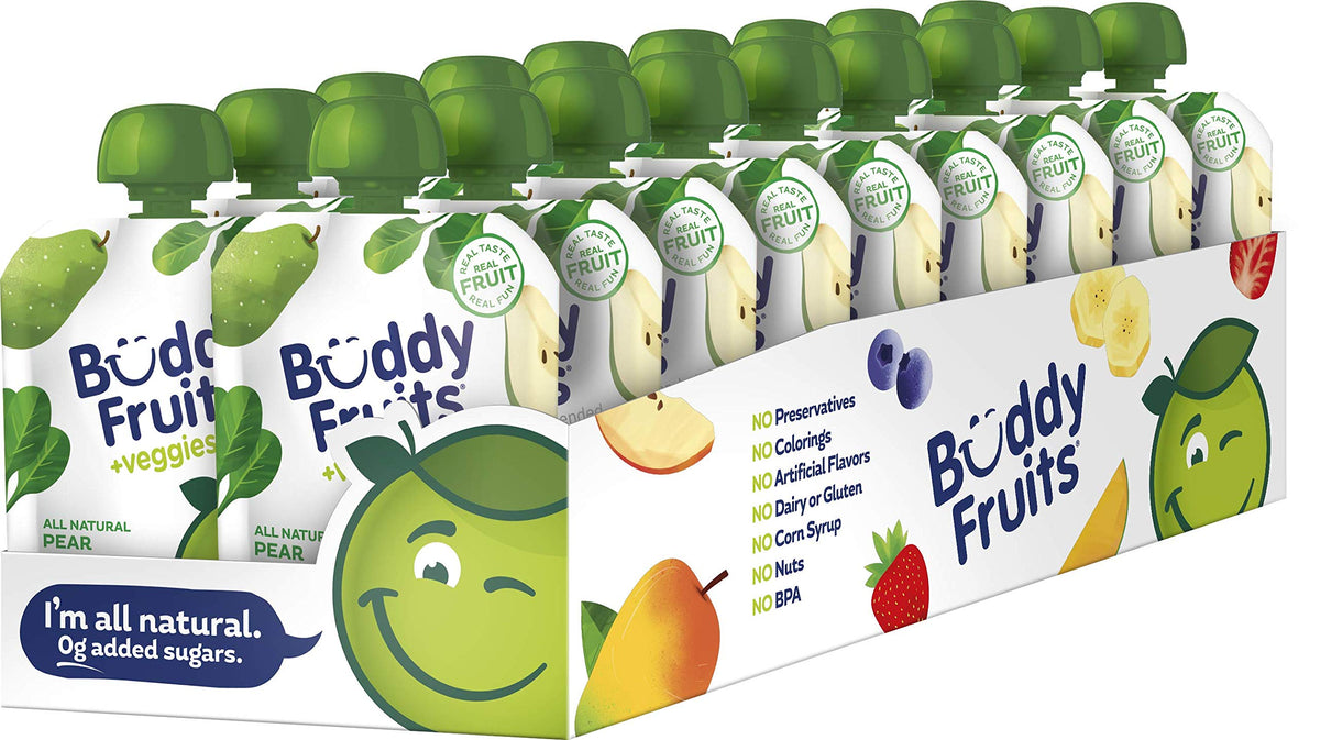 Buddy Fruits pear spinach pouch front view showing unsweetened real fruit for on-the-go snacking.