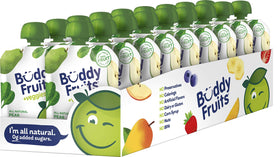 Buddy Fruits pear spinach pouch front view showing unsweetened real fruit for on-the-go snacking.