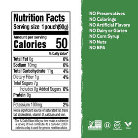 Nutrition panel on Buddy Fruits pouch highlights non-GMO and no preservatives.