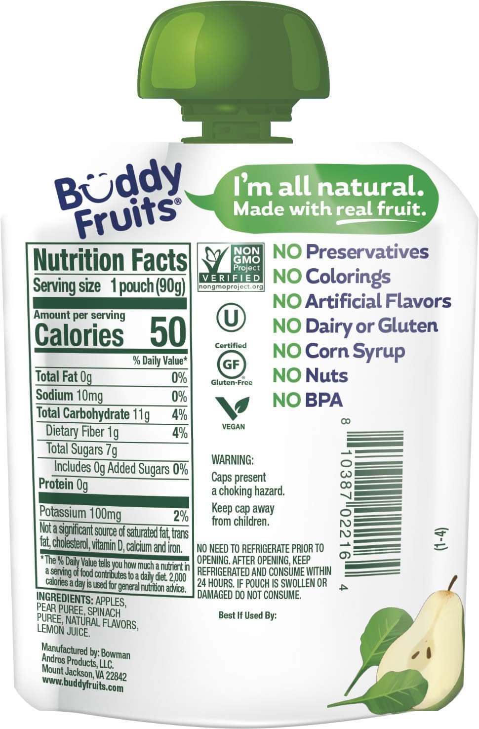 Buddy Fruits pear spinach pouch in lunchbox highlights convenient kid-friendly snack.