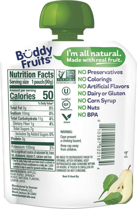 Buddy Fruits pear spinach pouch in lunchbox highlights convenient kid-friendly snack.