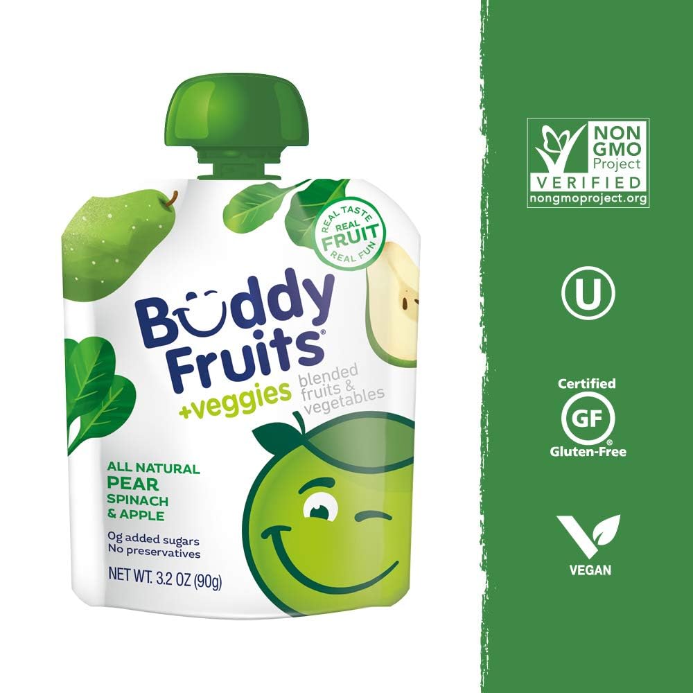 Close-up of Buddy Fruits pear spinach pouch pour reveals natural pear spinach flavor.