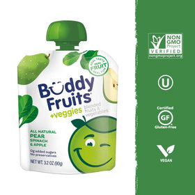 Close-up of Buddy Fruits pear spinach pouch pour reveals natural pear spinach flavor.