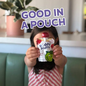 Travel-friendly 3.2oz pouch designed for on-the-go snacking with Buddy Fruits.