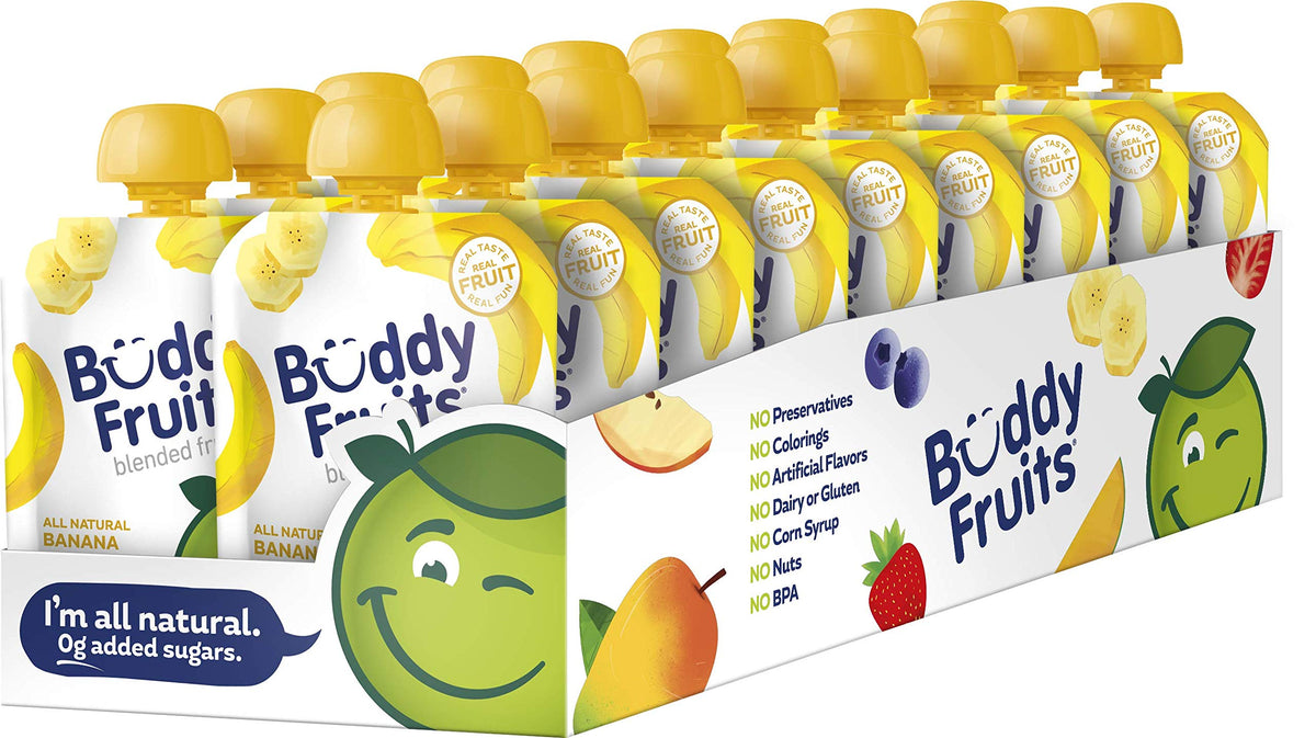 Buddy Fruits Snacks to Go banana applesauce pouch for quick on-the-go nourishment.