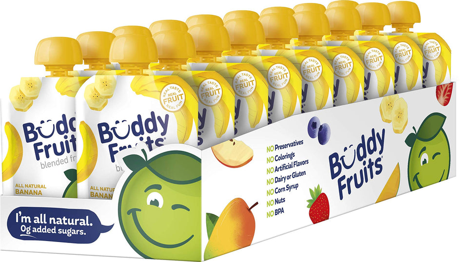 Buddy Fruits Snacks to Go banana applesauce pouch for quick on-the-go nourishment.