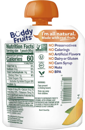 Close-up of badge showing gluten-free and non-GMO on Buddy Fruits pouch