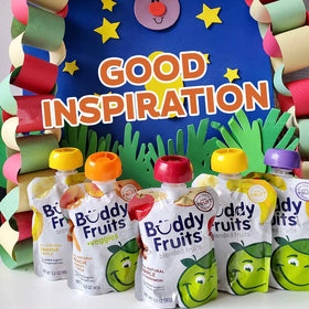 Packaging shows BPA-free and kosher certification for Buddy Fruits