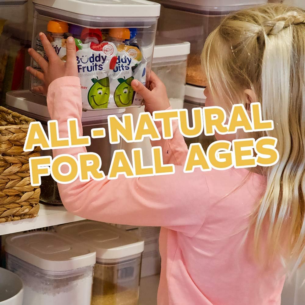 Buddy Fruits twist-cap pouch seals freshness and prevents spills.
