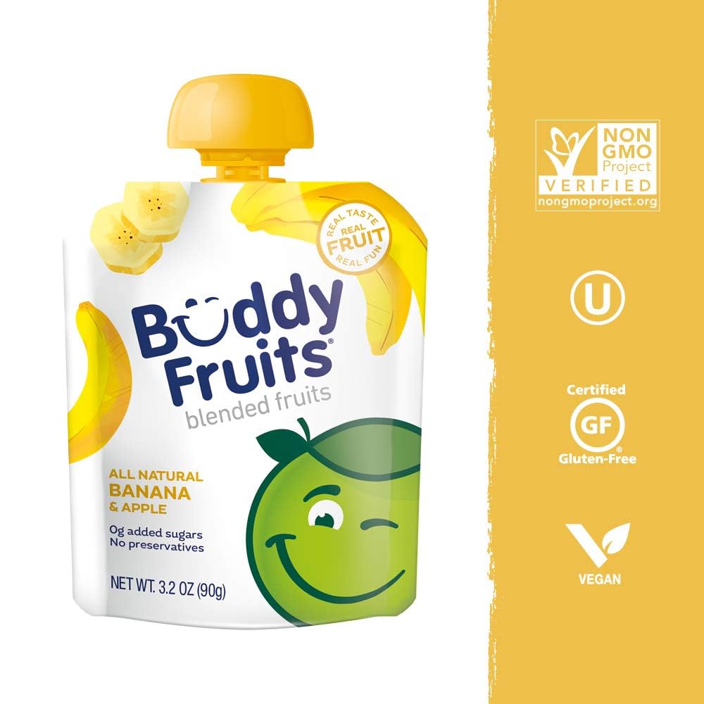 Unsweetened banana-apple blend pouch offers natural flavor without added sugar.