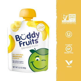 Unsweetened banana-apple blend pouch offers natural flavor without added sugar.