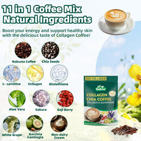 BudLive 20X Collagen Chia Coffee closeup ingredients, highlighting goji, blueberry, strawberry for flavor.