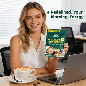BudLive 20X Collagen Chia Coffee label nutrition, vegan collagen and gluten-free formula.
