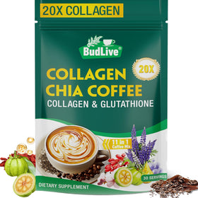 BudLive 20X Collagen Chia Coffee package, vegan sugar-free wellness option.
