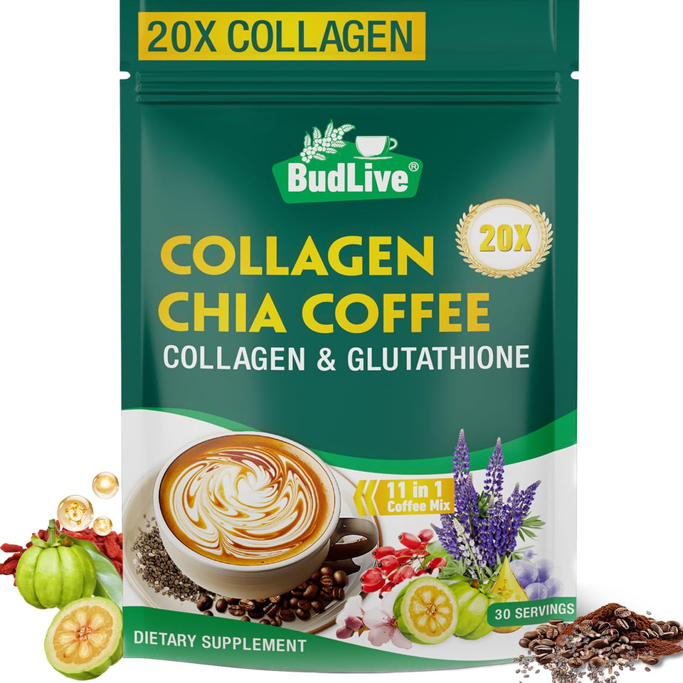 BudLive 20X Collagen Chia Coffee package, vegan sugar-free wellness option.