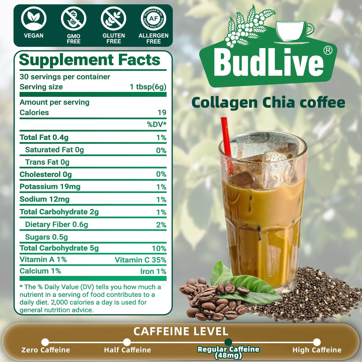 BudLive 20X Collagen Chia Coffee packaging and spoon, easy daily use.