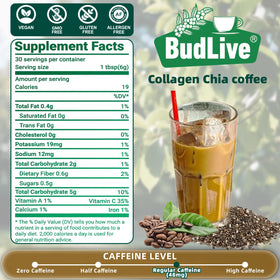 BudLive 20X Collagen Chia Coffee packaging and spoon, easy daily use.