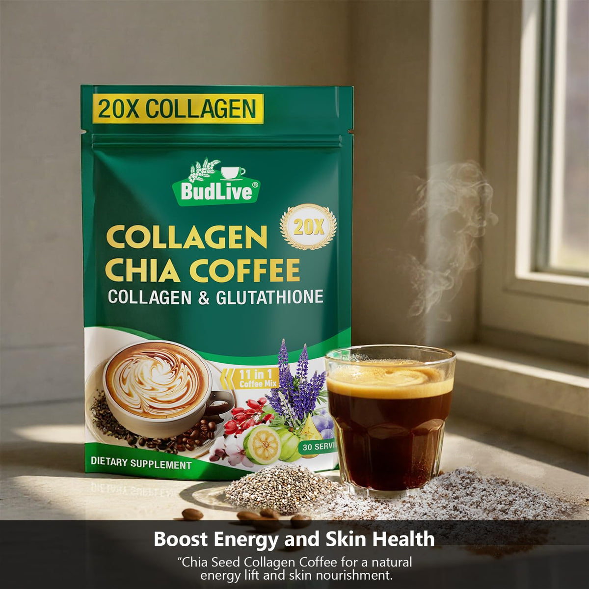 BudLive 20X Collagen Chia Coffee serving cup with chia seeds and smooth texture.