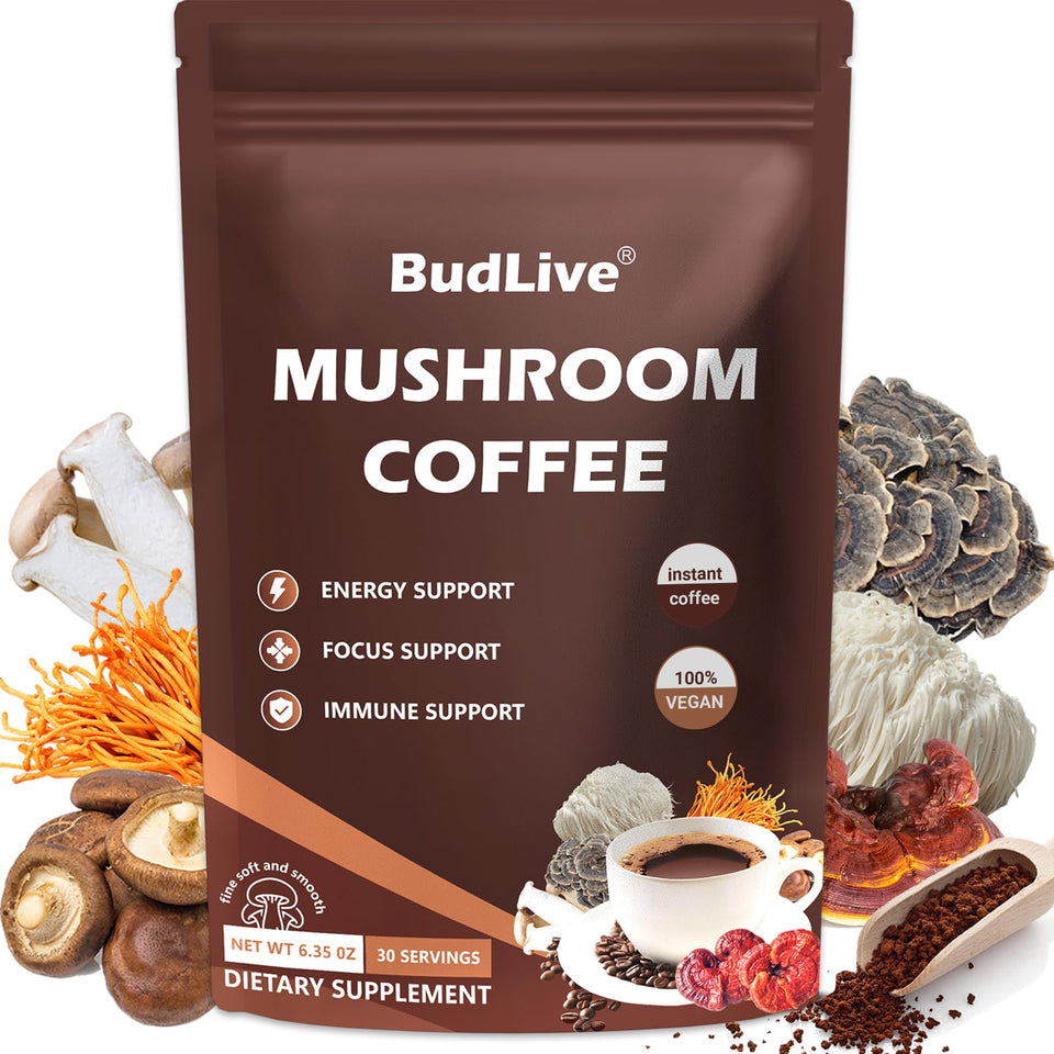 BudLive mushroom coffee bottle pour for steady energy and focus throughout the day