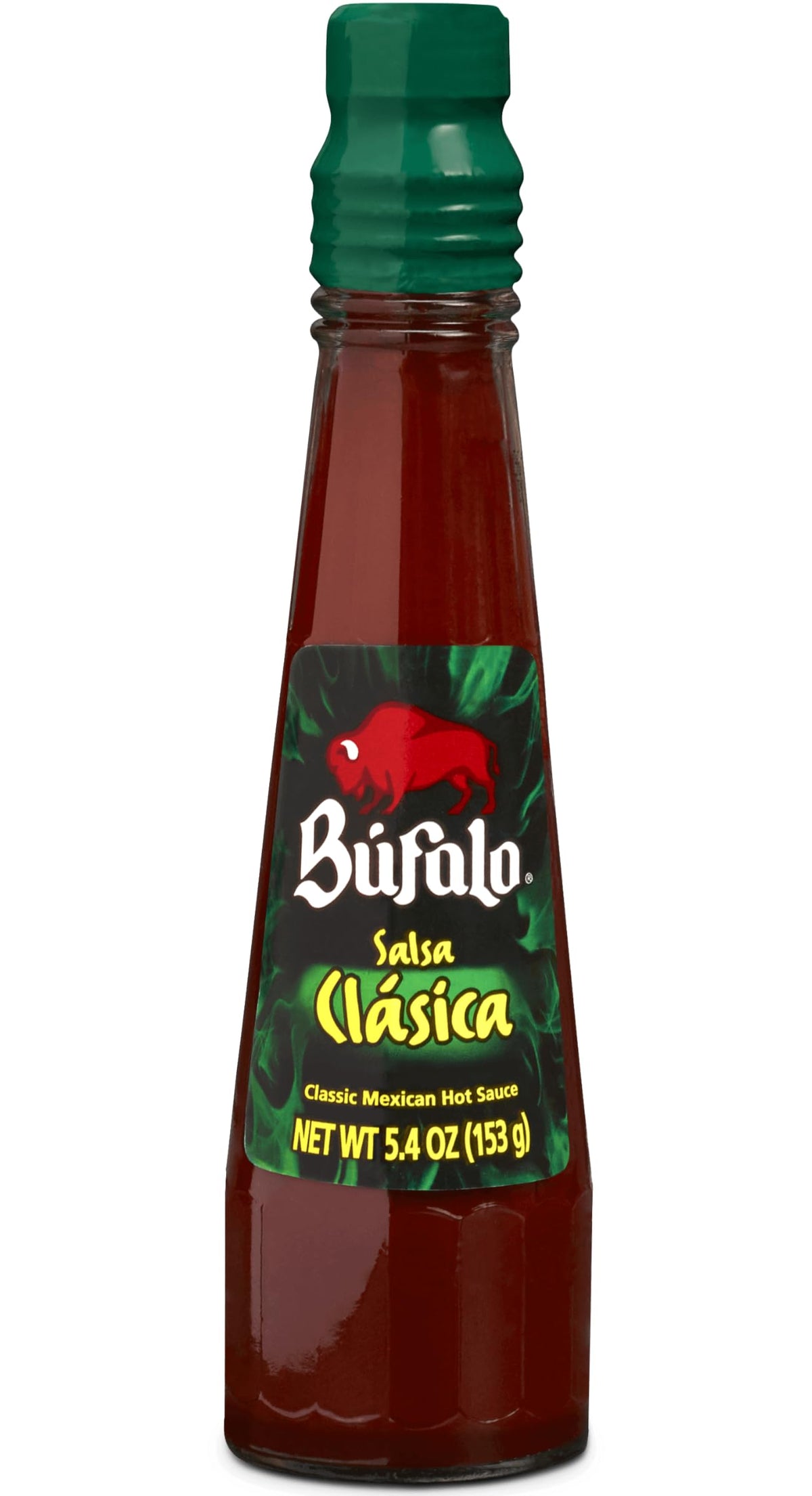 Bufalo Salsa Clasica label closeup shows peppers and garlic flavor components.