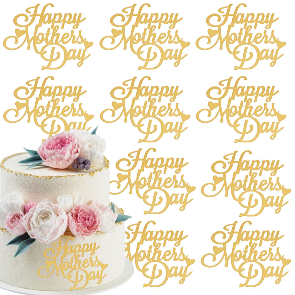 Bufeti Happy Mothers Day gold acrylic cake topper adds festive elegance to desserts.