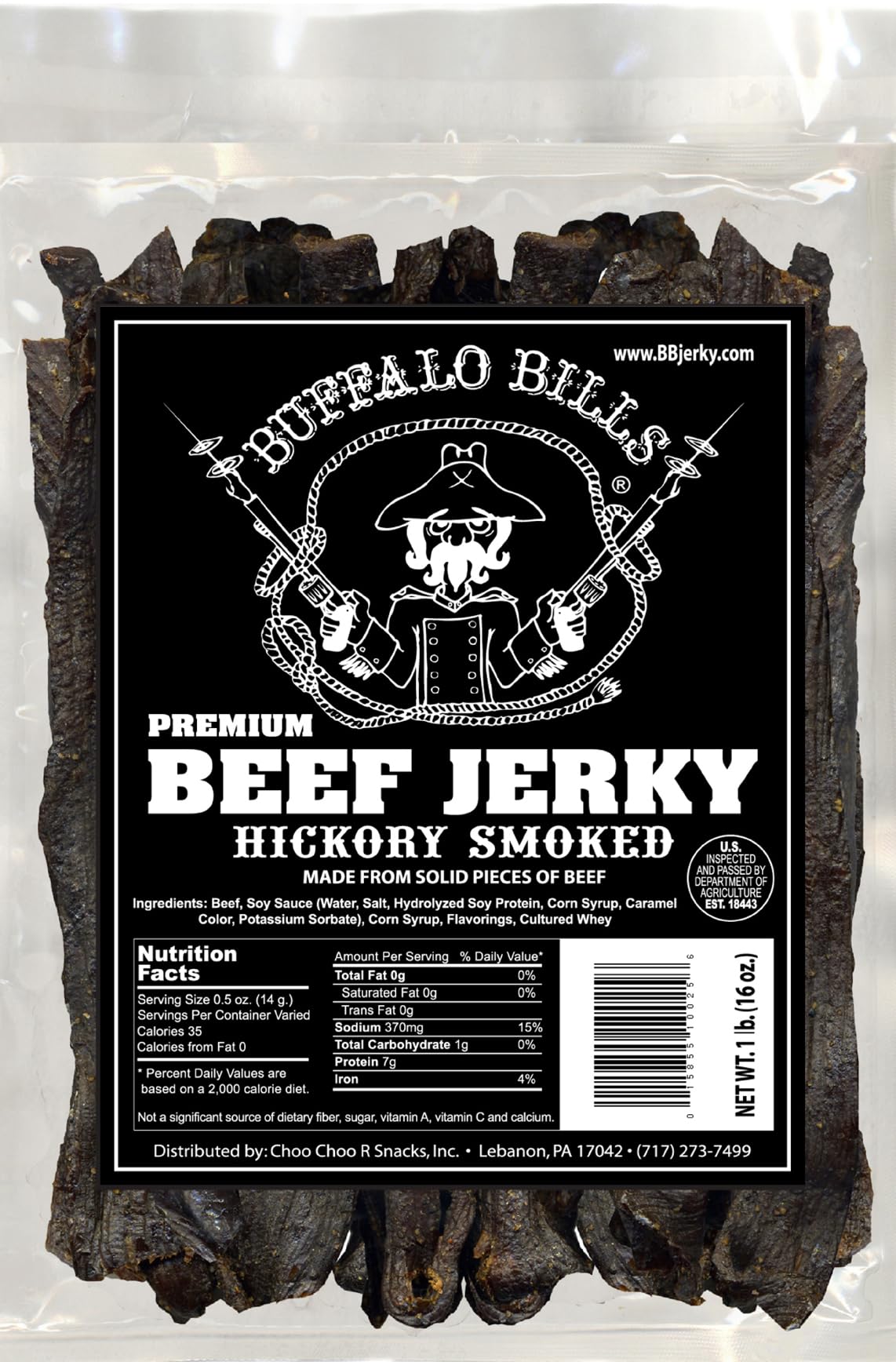 Buffalo Bills hickory beef jerky piece close-up, ideal for on-the-go snacking