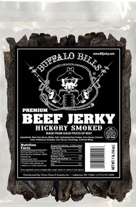 Buffalo Bills hickory beef jerky piece close-up, ideal for on-the-go snacking