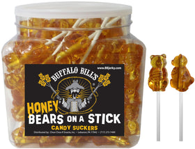 Buffalo Bills honey bears on a stick tub showcasing 48 bear-shaped suckers for celebrations.