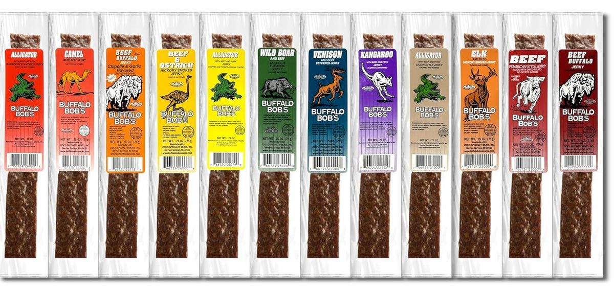 Buffalo Bob's Exotic Game Jerky buffalo bites with savory chew.