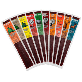 Buffalo Bob's Exotic Jerky 10-pack packaging highlights convenient, ready-to-eat snacking on the go.