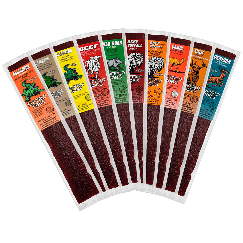 Buffalo Bob's Exotic Jerky 10-pack packaging highlights convenient, ready-to-eat snacking on the go.
