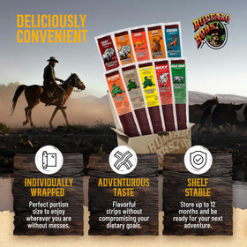 Buffalo Bob's Exotic Jerky camel-with-beef presents unique snack for camping adventures.