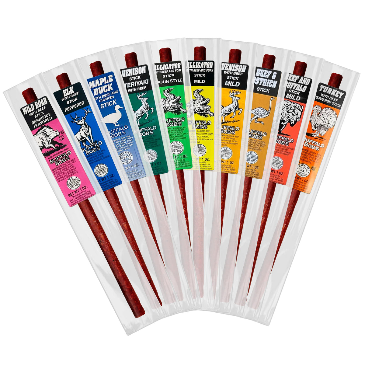 Buffalo Bob's variety sampler 1oz sticks, ideal for quick outdoors snacking.