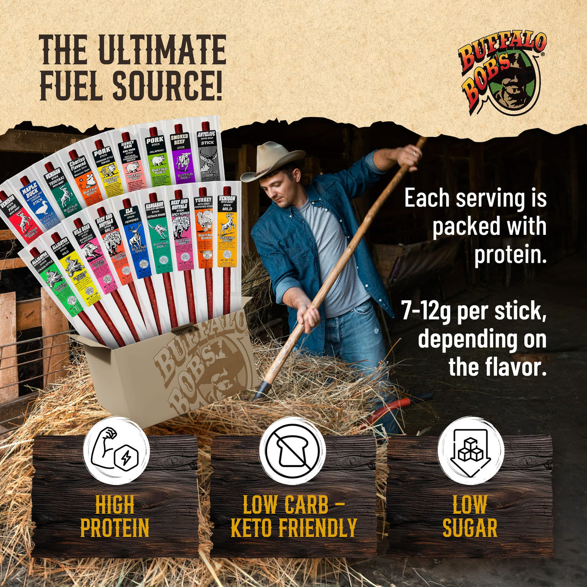 Buffalo Bob's wild boar beef BBQ 1oz stick, bold on-the-go flavor.