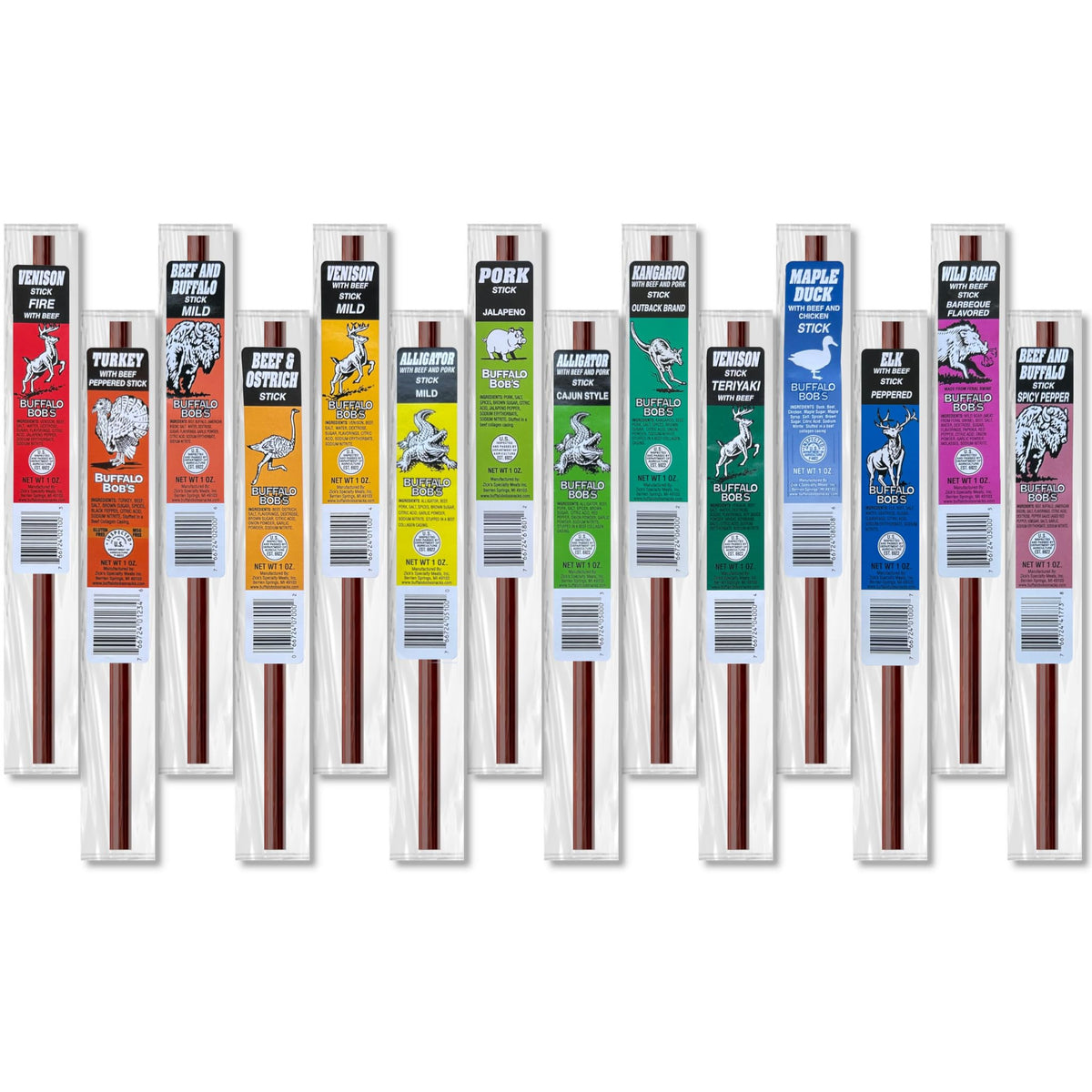 Buffalo Bob's 14-flavor wild game snack sticks variety pack on display for on-the-go protein