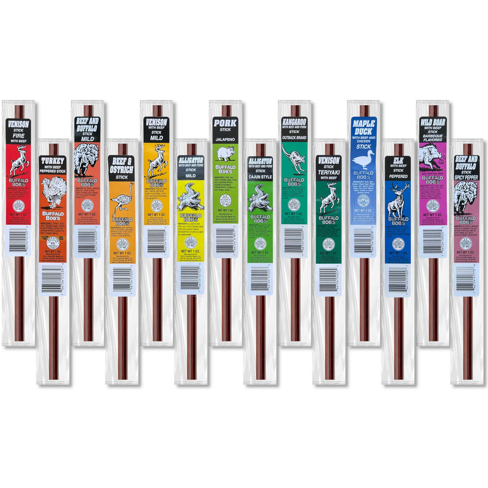 Buffalo Bob's 14-flavor wild game snack sticks variety pack on display for on-the-go protein