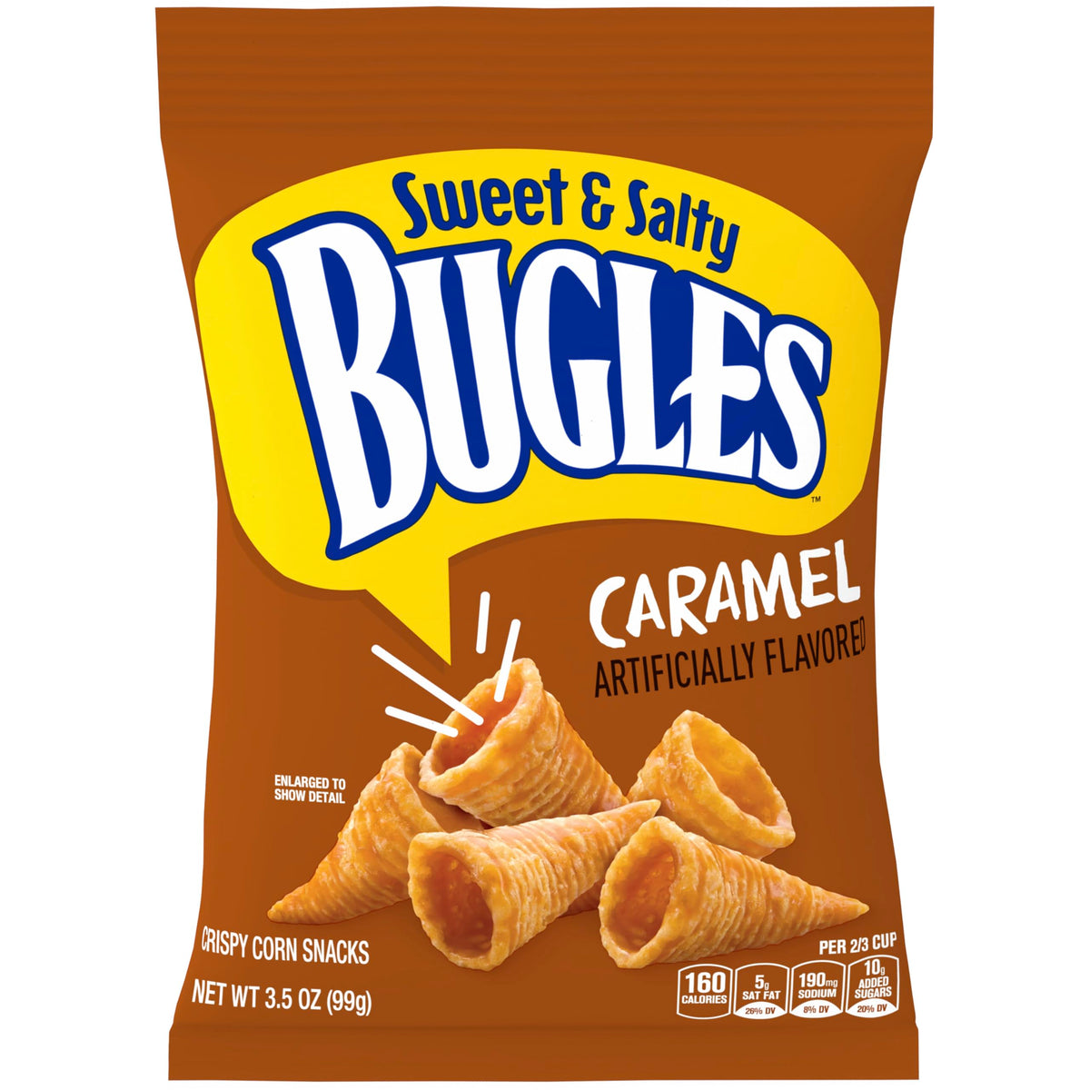 Bugles caramel snacks 7-pack front view with grab-and-go packaging.