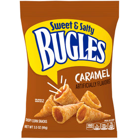 Bugles caramel snacks 7-pack front view with grab-and-go packaging.