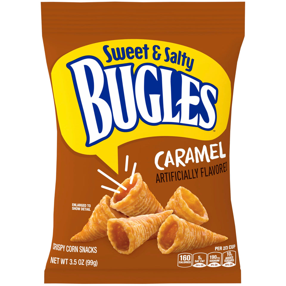 Bugles caramel snacks 7-pack front view with grab-and-go packaging.
