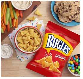 Bugles Original packaging close-up highlighting four-pack convenience.