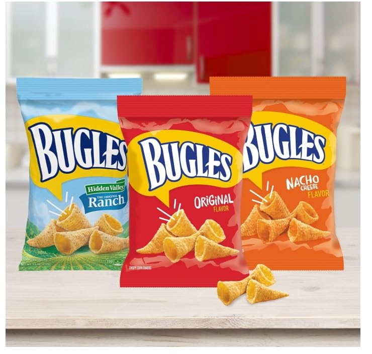 Bugles Original close-up showing crunchy texture and buttery flavor.