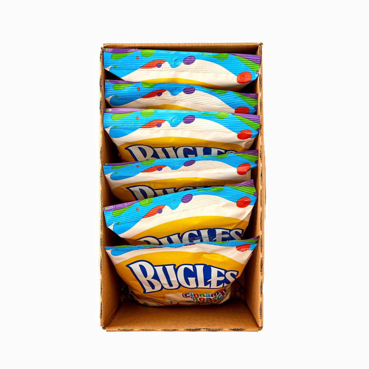 Bugles sweet churro snack bag close-up for lunchboxes.